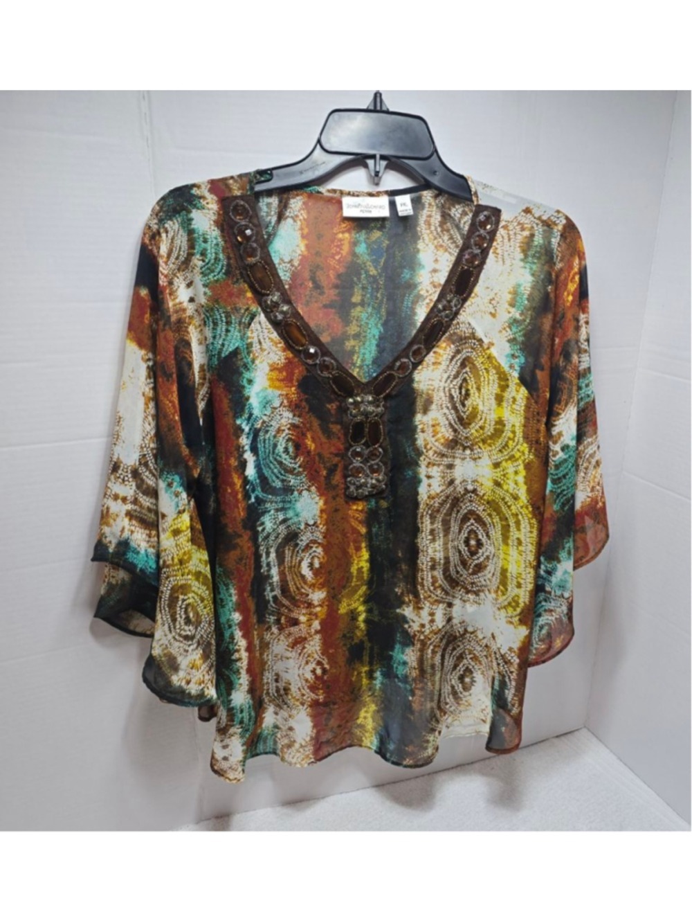 Women's JOHNPAULRICHARD Petite Tunic XLP Brown Multi-color Beaded Top